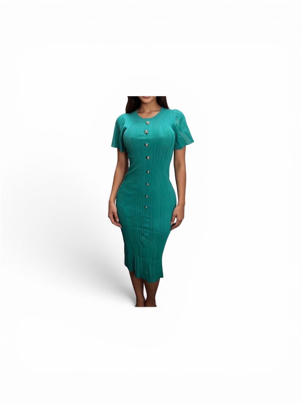 Button-Front Teal Ribbed Midi Dress
